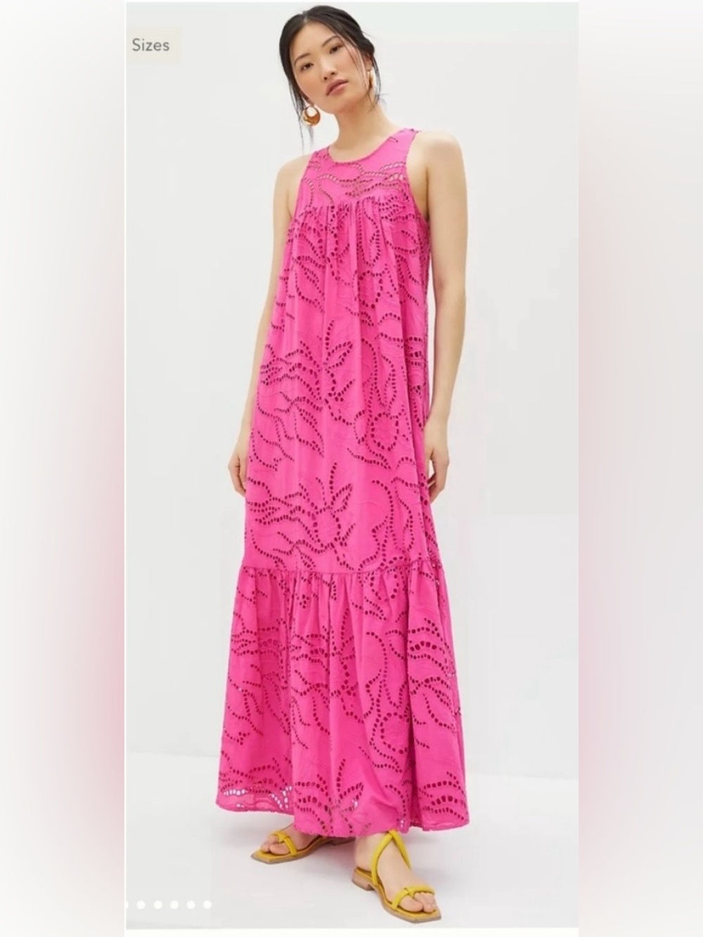 Anthropologie Maeve Eyelet Tiered Maxi Dress pink Sz medium petite